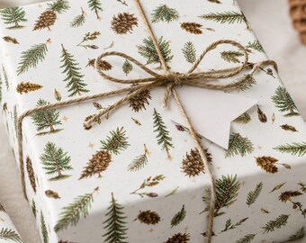 Christmas Wrapping Paper, Woodland Gift Wrap, Douglas Fir Evergreen Pattern, Rustic Forest Holiday Present Wrap Roll, Winter Birthday Wrap