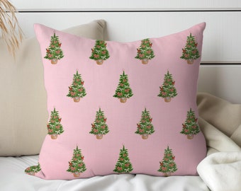 クリスマスピロー、ピンクのファームハウスホリデーデコレーション、素朴なクリスマスツリークッション、心地よい冬のスロー、リビングルームソファベッドルームのアクセントギフト