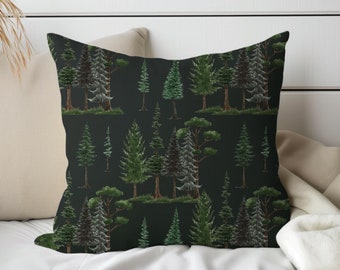 Cojín decorativo para sofá y sala de estar – Estampado de acuarela de árbol de hoja perenne en el bosque, cojín decorativo de bosque, regalo de decoración para el hogar inspirado en la naturaleza