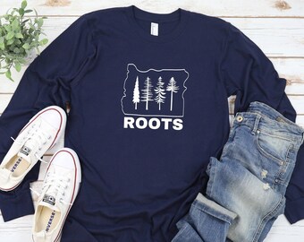 Camiseta de manga larga del estado de Oregón, camiseta con raíces de pino de Oregón, camiseta para vacaciones al aire libre, camiseta con estampado de naturaleza forestal, regalo unisex para viajes a Oregón