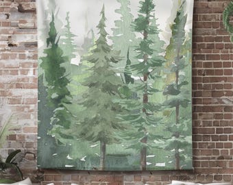 Woodland Forest Wall Tapestry, Watercolor Pine Tree Decor, Nature Inspired Wall Hanging for Living Room Bedroom Office Dorm, Home Decor Art