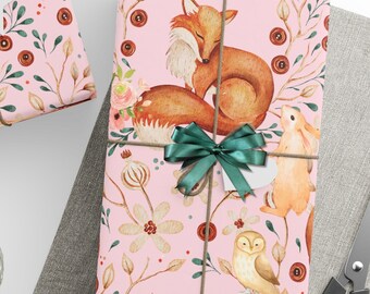 Papel de regalo para bebé: estampado de animales del bosque rosa, papel de regalo para baby shower, rollo de papel de regalo de cumpleaños para recién nacidos, niños pequeños y niños pequeños.