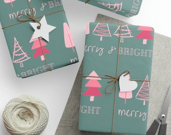 Sage Christmas Wrapping Paper |Pink Christmas Tree Gift Wrap |Merry Bright Wrapping |Woodland Paper |Winter Forest Xmas Wrap |Holiday Wrap