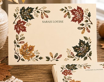 Scandinavian Folk Art Personalized Postcards, Maple Leaf Tree Stationery, Custom Name Notecard, Nature Lover Gift, Autumn Botanical Card Set