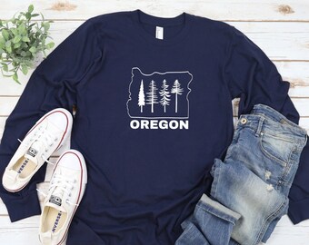 Camiseta de manga larga del estado de Oregón, camiseta con diseño de pino del noroeste del Pacífico de Oregón, camiseta para vacaciones al aire libre, camiseta con estampado de naturaleza forestal, regalo unisex para viajes a Oregón