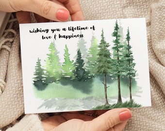 Woodland Wedding Greeting Card, Personalized Forest Watercolor Card, Rustic Nature Bride Groom Keepsake, Anniversary Wedding Gift Card Gift