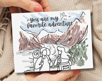 Hiking Card, Outdoor Mountain Adventure Nature Lover Greeting Card, Anniversary Valentines Day Birthday Card for Hikers, Watercolor Design