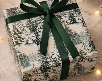 Papel de regalo navideño, papel de regalo vintage con estampado de árboles del bosque, rollo de papel de regalo navideño estilo cottagecore, papel de regalo rústico con temática de naturaleza.