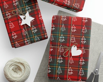 Papier cadeau tartan de Noël | Papier cadeau sapin de Noël | Papier forêt hivernale | Emballage de Noël glam | Rouleau de papier peint des Fêtes à motif tartan rouge