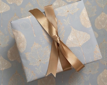 Christmas Wrapping Paper, Silver Grey, Cream & Gold Vintage Toile Winter Woodland Forest Leaf, Festive Holiday Gift Wrap Roll for Presents