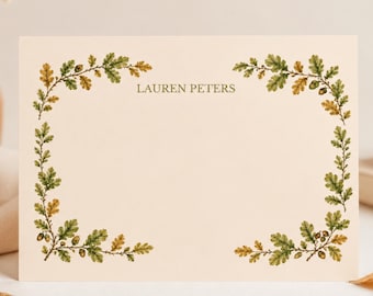 Personalized Stationery Set Custom Name Note Cards Nature Lover Gift Oak Leaf Acorn Botanical Writing Paper Forest Correspondence Writing