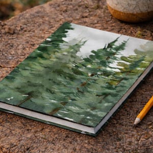 Woodland Forest Journal, Hardcover Pine Tree Notebook, Watercolor Evergreen Journal for Tree Lovers, Cabin Guest Book, Nature Writing Gift