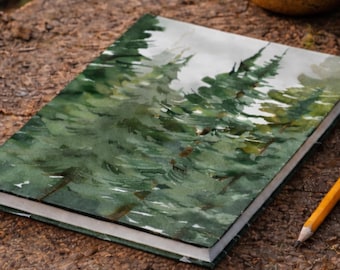Woodland Forest Journal, Hardcover Pine Tree Notebook, Watercolor Evergreen Journal for Tree Lovers, Cabin Guest Book, Nature Writing Gift