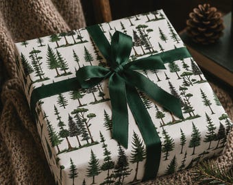 Wrapping Paper, Evergreen Forest Design, Spruce, Pine & Conifer Tree Print, Holiday Gift Wrap Roll, Rustic Winter Packaging, Present Wrap