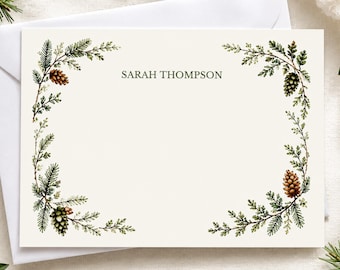 Personalized Stationery, Evergreen Botanical Postcard, Custom Watercolor Pine Cone Greeting Card, Woodland Forest Nature Gift Woodland Decor