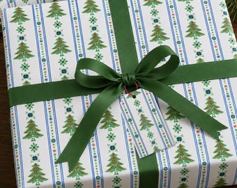 Christmas Wrapping Paper, Scandinavian Folk Art Tree Design, Holiday Gift Wrap Roll for Presents, Norwegian Swedish Paper, Green Blue Red