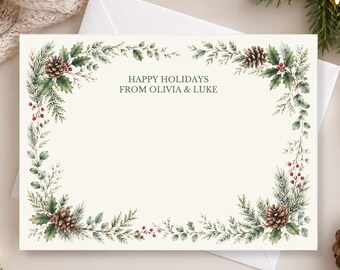 Personalized Christmas Stationery Postcard, Custom Evergreen Botanical Greeting Card, Watercolor Pine Cone Woodland Holiday Gift Nature Card