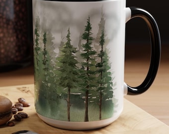 Mug for Tree Lover, Watercolor Pine Trees Design, Coffee Cup, Rustic Forest Decor Mug, Arborist Gift, Camping Mug, Campfire Mug, Winter Cup