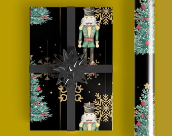 Christmas Wrapping Paper, Black Nutcracker Christmas Tree Design, Black & Gold Style, Holiday Gift Wrap Roll for Presents, Festive Packaging