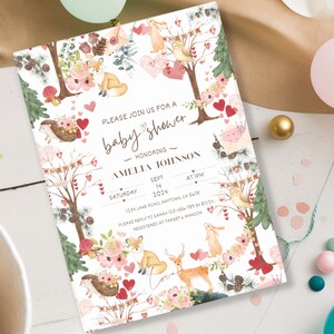 postale d'invitation de baby shower | Invitation baby shower de forêt d'animaux des bois | Invitation coeurs floraux de verdure| Faire-part bébé rose, vert sauge