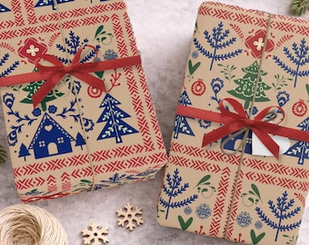 Christmas Wrapping Paper, Scandinavian Folk Art Tree Gift Wrap, Nordic Holiday Gift Wrap Roll, Scandinavian Christmas Gift Wrap Paper