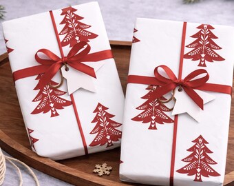 Christmas Wrapping Paper, Scandinavian Folk Art Tree Gift Wrap, Nordic Holiday Wrapping Paper Roll, Scandinavian Christmas Gift Wrap Roll