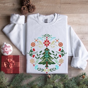 Camisola de Natal Escandinava | Camisa de Arte Popular | Camisola de Arte Popular Norueguesa | Natal Sueco Nórdico | Presente Hygge Básico de Casa de Campo Botânica