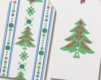 Gift Tags Set Scandinavian Folk Art Evergreen Tags Nordic Holiday Gift Wrap Tags Rustic Kraft Present Tags Christmas Wrapping x10 set