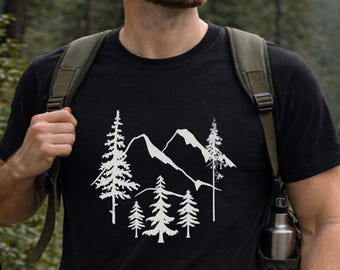 T-shirt bergboom, natuurliefhebber wandelshirt, outdoor avontuur T-shirt, dennenboom bergshirt, uniseks campingshirt, grafisch topcadeau