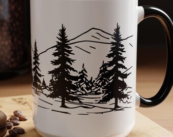 Mountain Pine Tree Mug, Rustic Forest Coffee Cup, Woodland Ceramic Mug for Coffee Tea Hot Chocolate, Gift for Tree Lovers, Nature Decor Mug