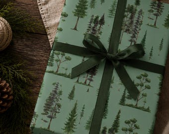 Wrapping Paper, Evergreen Forest Design, Spruce, Pine & Conifer Tree Print, Holiday Gift Wrap Roll, Rustic Winter Packaging, Present Wrap