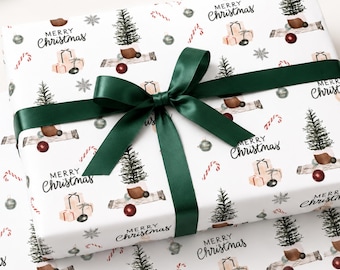 クリスマスラッピングペーパー、ヴィンテージの森のクリスマスツリーデザイン、プレゼント用のホリデーギフトラップロール、冬用ラッピングペーパー、クリスマスのお祝い
