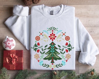 Christmas Sweatshirt, Scandinavian Norwegian Swedish Folk Art Winter Crewneck, Nordic Holiday Apparel for Women, Botanical Winter Top Wear