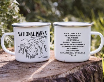 PNW National Parks Camp Mug, Enamel Camping Mug, Mountain Evergreen Forest, Hiking Gift Outdoor Adventure Coffee Cup For Nature Lovers
