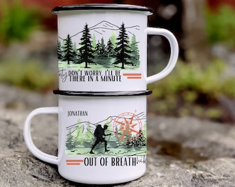 Personalized Hiking Enamel Mug, Out of Breath Hiking Society Camp Mug, Outdoor Adventure Coffee Cup, Camping Gift for Hikers Nature Lover