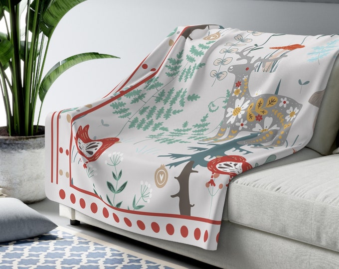 Folk Art Scandinavian Blanket| Woodland Animals| Swedish Norwegian Folk Art Throw Blanket |Norwegian Christmas Blanket| Nordic Home Decor