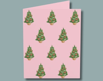 クリスマスツリーカードセット、ピンクのリボンのホリデーグリーティングカード、クリスマスのお祝いのノートカード、かわいい冬のギフトセット、中が空白の友達と家族のカード