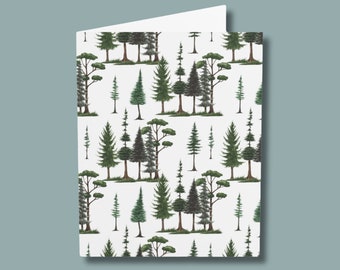 Tarjeta de felicitación de bosque perenne, tarjeta de árboles del bosque, tarjeta en blanco para amantes de la naturaleza, nota de agradecimiento para cumpleaños y fiestas, tarjeta de regalo para cualquier ocasión.