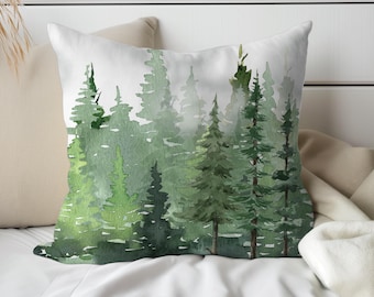 Forest Throw Pillow, Watercolor Pine & Fir Trees Cushion, Evergreen Woodland Home Decor, Cabin Sofa Accent, Nature Lover Gift, RV Sofa Decor
