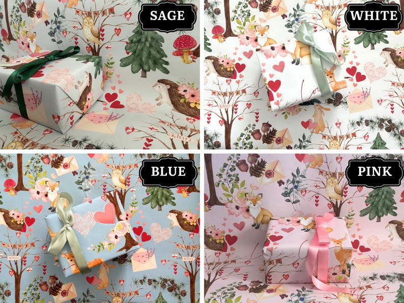 May include: Four wrapped gifts with different colored wrapping paper: sage, white, blue, and pink. Each gift is decorated with a ribbon. The wrapping paper features a woodland design with animals, hearts, and floral elements.
