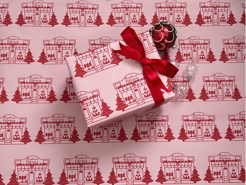 Christmas Wrapping Paper, Pink Christmas Vintage Paris Patisserie Design, Holiday Gift Wrap Roll for Presents, Festive Xmas Wrapping Paper image 5