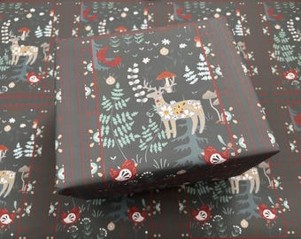 Papel de regalo navideño, estampado de bosque de arte folclórico escandinavo, rollo de papel de regalo navideño estilo cottagecore, papel festivo para regalos de Navidad