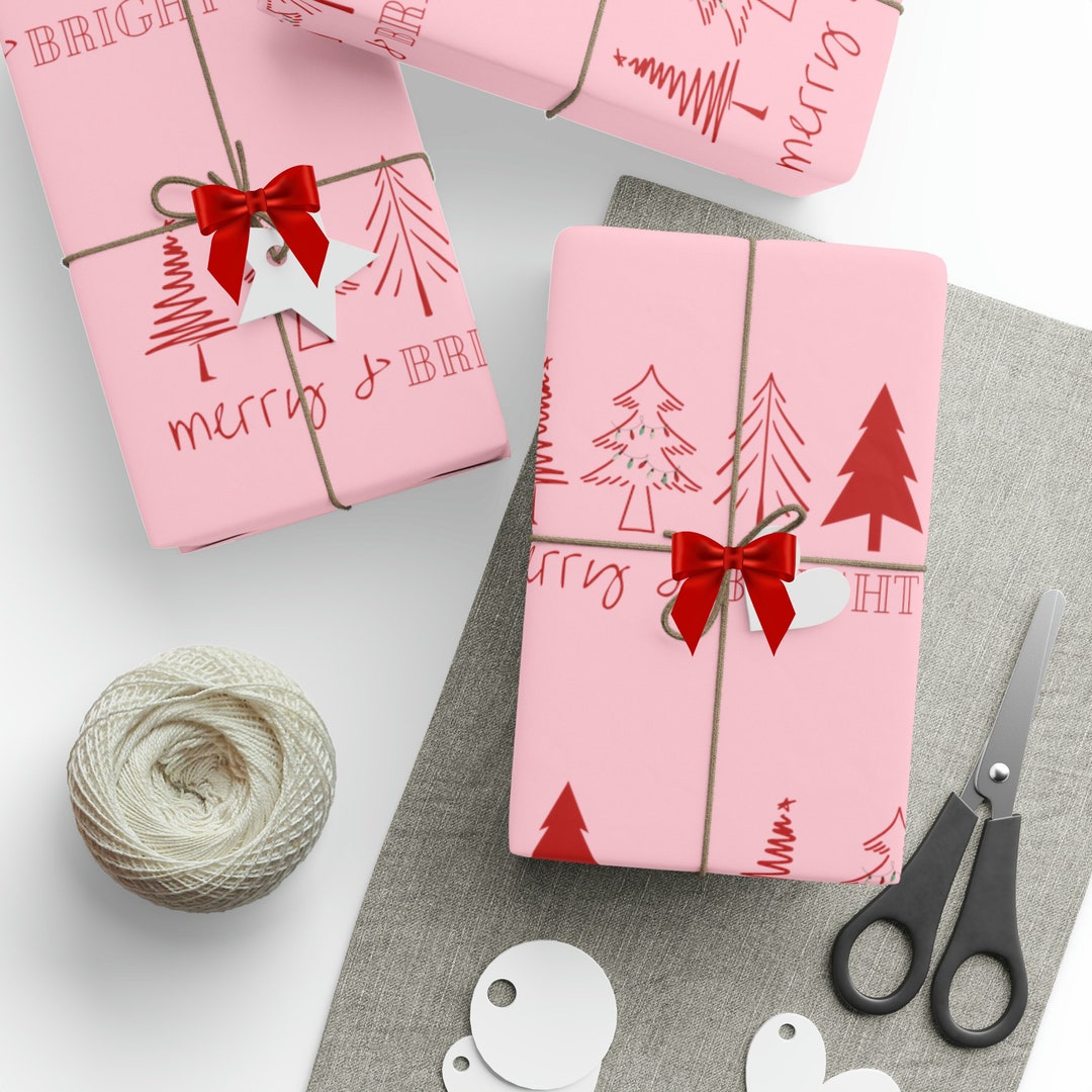 Pink Christmas Wrapping Paper pink Red Christmas Tree Gift Wrap merry & Bright Wrapping woodland
