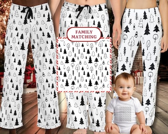 Family Matching Pajama Pants, Christmas Tree Print PJ Bottoms, Black White Sleepwear, Holiday Winter Loungewear Pants for Family PJ Set Cozy