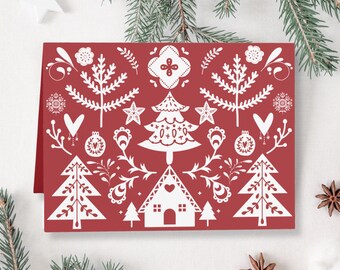 Carte de Noël scandinave | Carte de voeux d'art folklorique suédois norvégien | Ensemble de cartes de Noël rouges norvégiennes | Carte de voeux nordique| Carte d'anniversaire