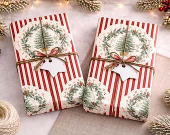 Christmas Wrapping Paper, Vintage Toile Gift Wrap, Red Stripe Wreath Tree Wrapping Paper Roll, Holiday Gift Wrap Paper Christmas Decor