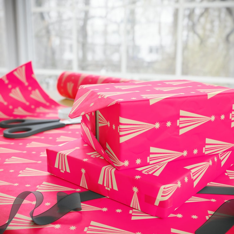 Hot Pink Christmas Gift Wrap pink Christmas Tree Wrapping Paper winter Woodland Forest Paper