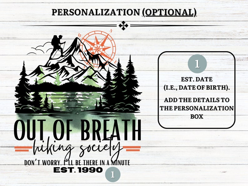 May include: A watercolor illustration of a mountain range with a hiker, a compass, and a lake. The text "OUT OF BREATH hiking society" is below the image. The text "DON'T WORRY, I'LL BE THERE IN A MINUTE EST. 1990" is below the text. There is a number "1" in a circle on the right side of the image.