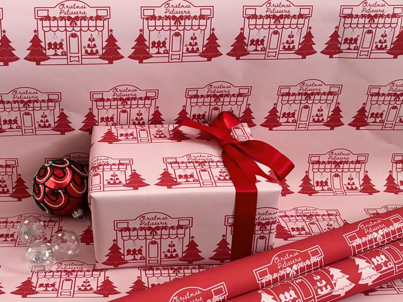 Christmas Wrapping Paper, Pink Christmas Vintage Paris Patisserie Design, Holiday Gift Wrap Roll for Presents, Festive Xmas Wrapping Paper image 3