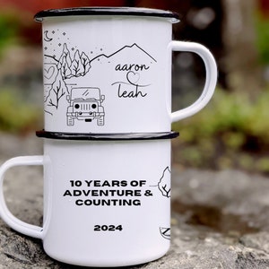 Personalized Anniversary Enamel Mug – 10 Years Adventure Gift, Outdoor Couple Keepsake, Custom Gift